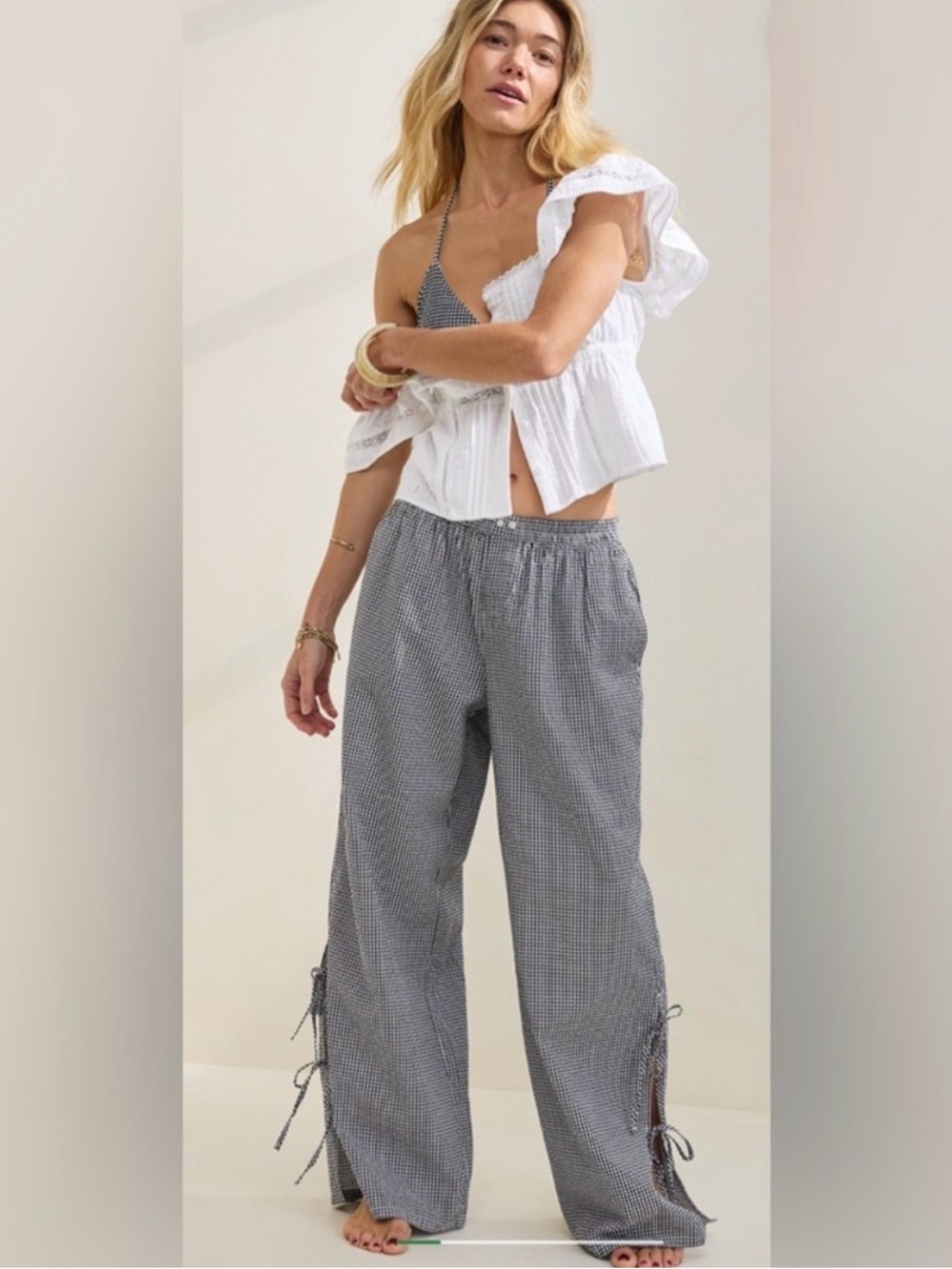 aerie Off-Duty Black & White Gingham Drawstring Wide-Leg Beach Pants
